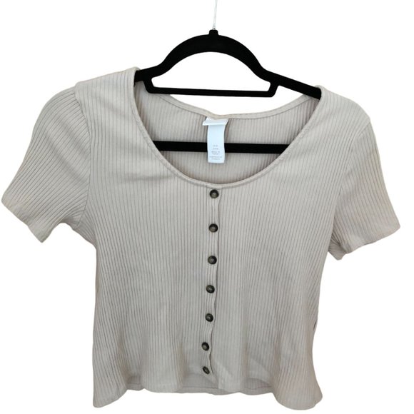 H&M Tan Ribbed Scoop NeckTop with Buttons - Picture 1 of 8